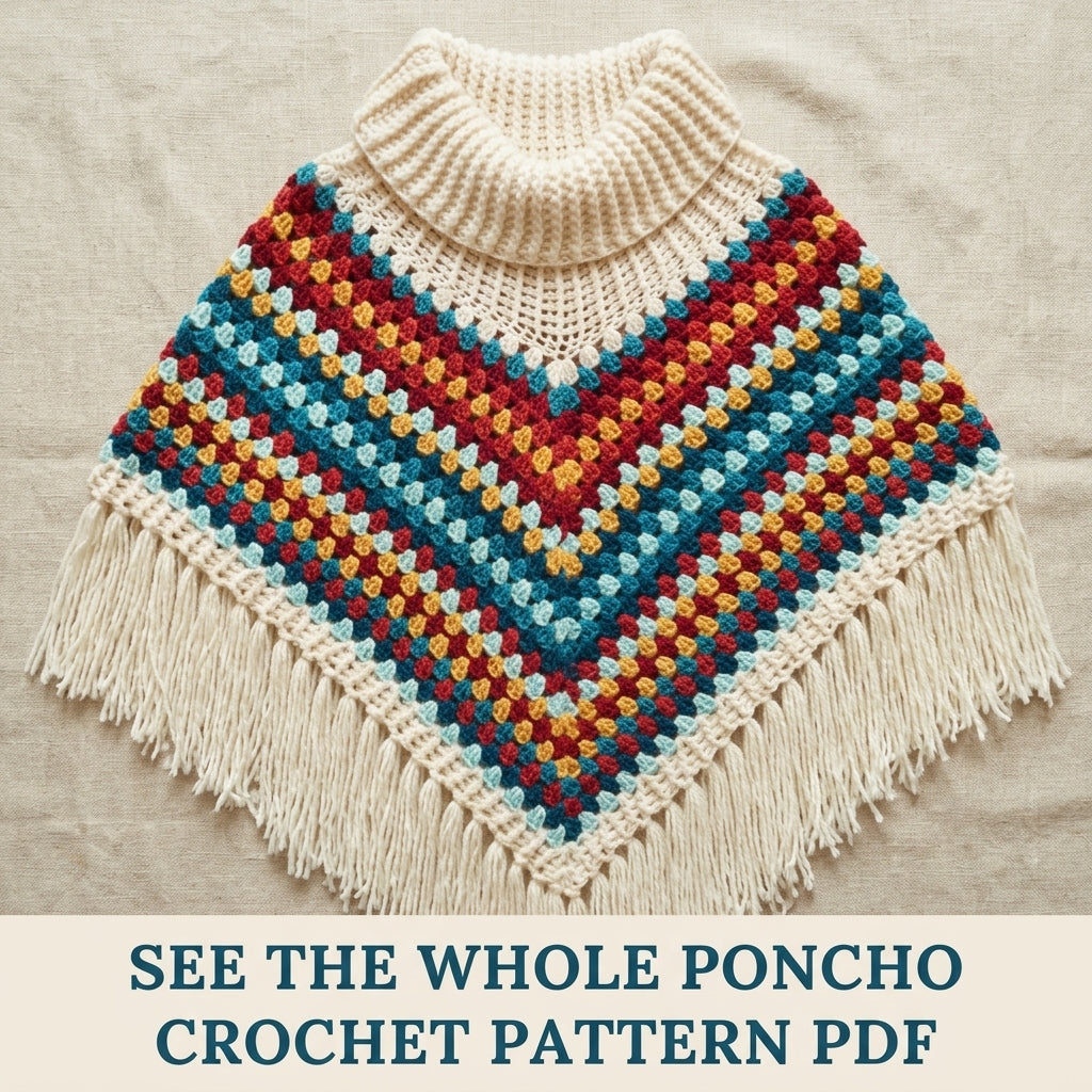 Cowl Neck Granny Stripe Poncho Crochet Pattern PDF – Easy Fringe Poncho
