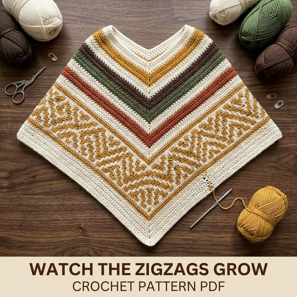 Harvest Mosaic Poncho Crochet Pattern PDF – Boho Fringe Poncho with Mosaic Colourwork Band