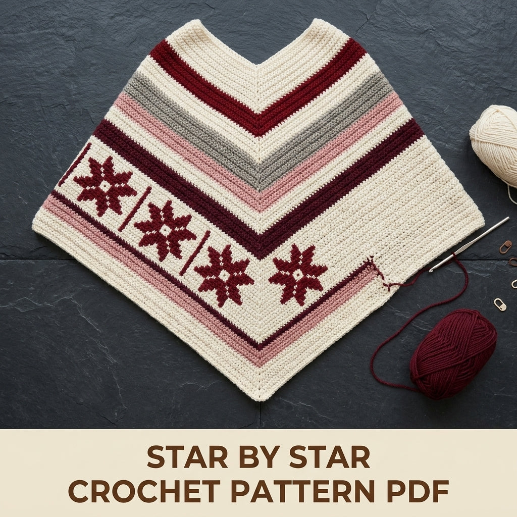 Burgundy Star Poncho Crochet Pattern PDF – Boho Fringe Poncho with Colourwork Band