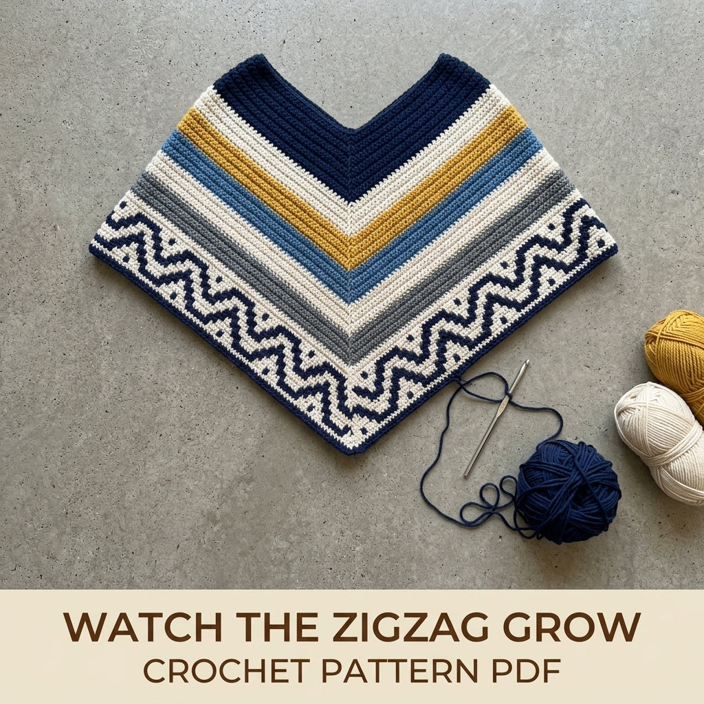 Denim Zigzag Poncho Crochet Pattern PDF – Boho Fringe Poncho with Colourwork Band