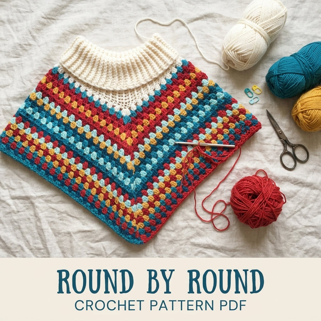 Cowl Neck Granny Stripe Poncho Crochet Pattern PDF – Easy Fringe Poncho