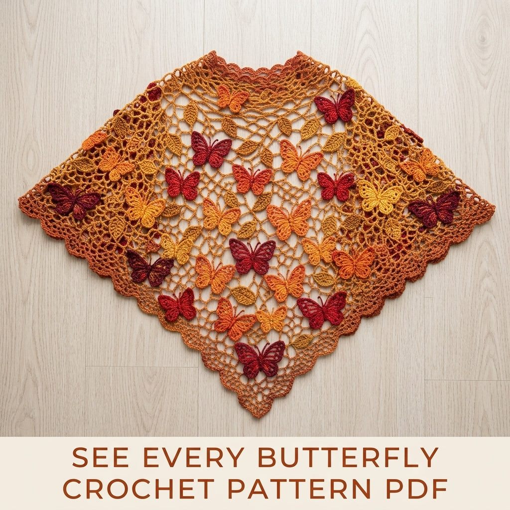 Autumn Butterfly Shawl Crochet Pattern PDF – Lace Net Shawl with Butterflies