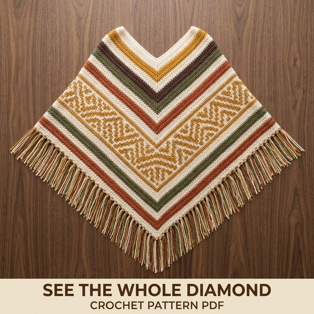 Harvest Mosaic Poncho Crochet Pattern PDF – Boho Fringe Poncho with Mosaic Colourwork Band