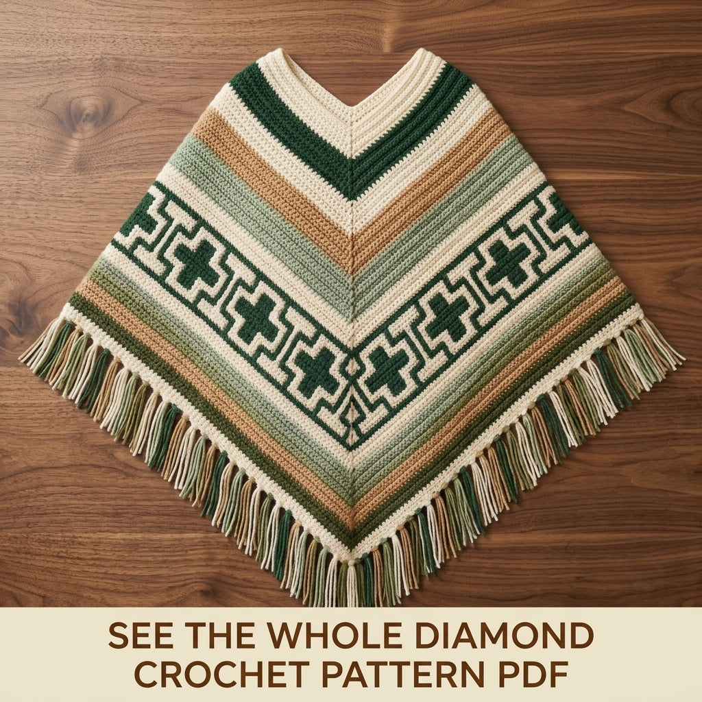 Evergreen Cross Poncho Crochet Pattern PDF – Boho Fringe Poncho with Mosaic Colourwork Band