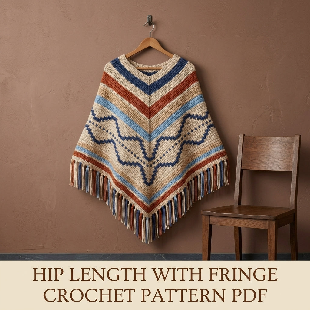 Desert Wave Poncho Crochet Pattern PDF – Boho Fringe Poncho with Mosaic Colourwork Band