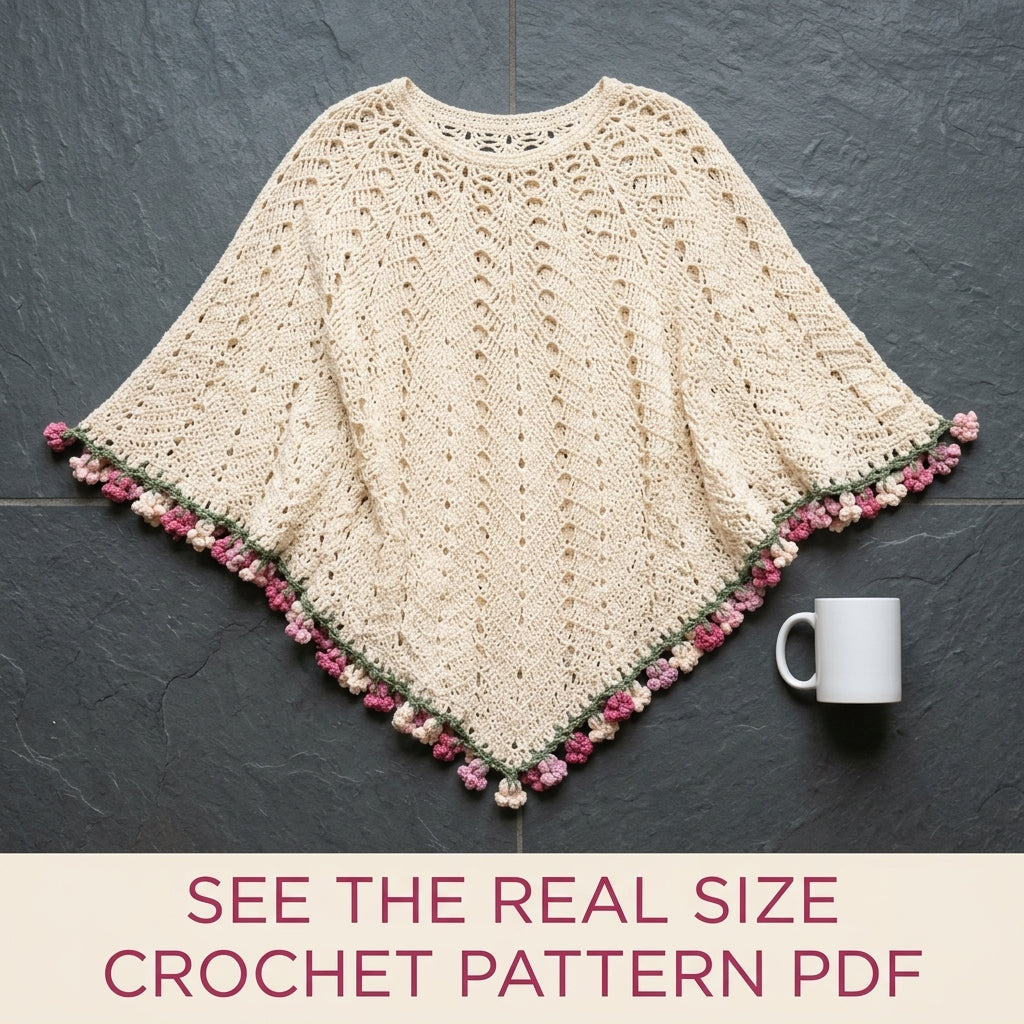 Lace Poncho with Flower Edge Crochet Pattern PDF – Romantic Lace Poncho