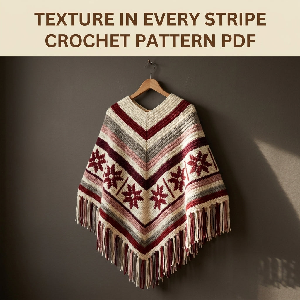 Burgundy Star Poncho Crochet Pattern PDF – Boho Fringe Poncho with Colourwork Band