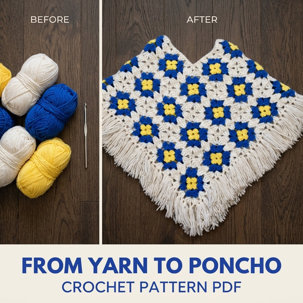 Blue and Yellow Granny Crochet Pattern PDF – Retro Flower Motif Poncho with Fringe