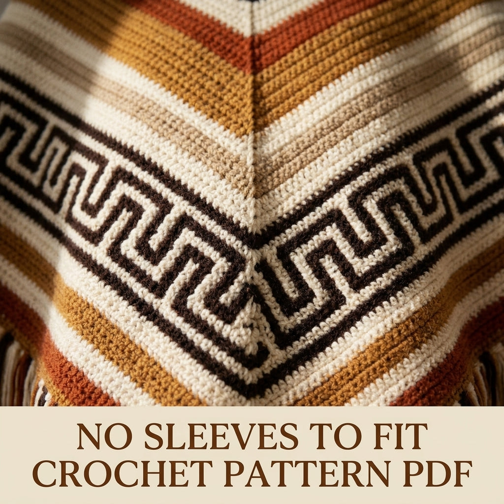 Greek Key Poncho Crochet Pattern PDF – Boho Fringe Poncho with Colourwork Band