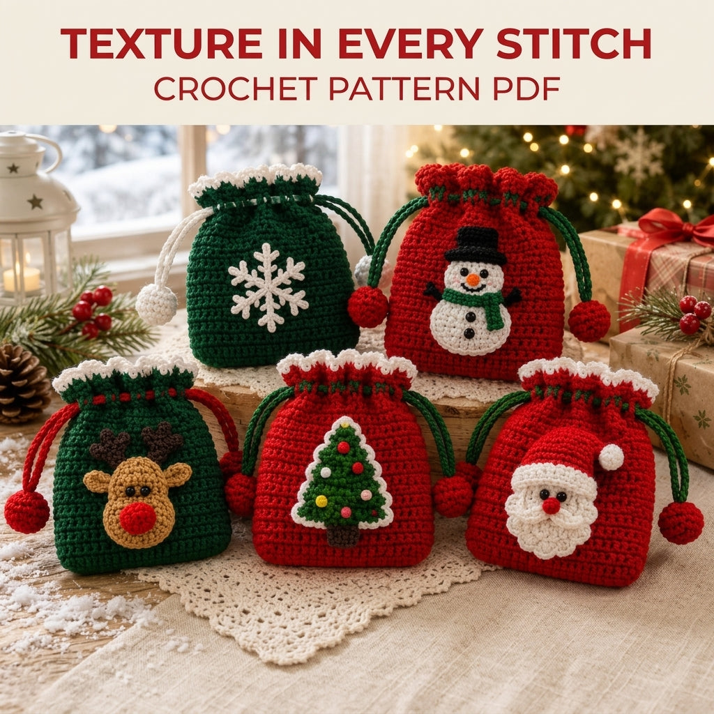 Christmas Drawstring Pouch Set Crochet Pattern PDF – Five Gift Bags
