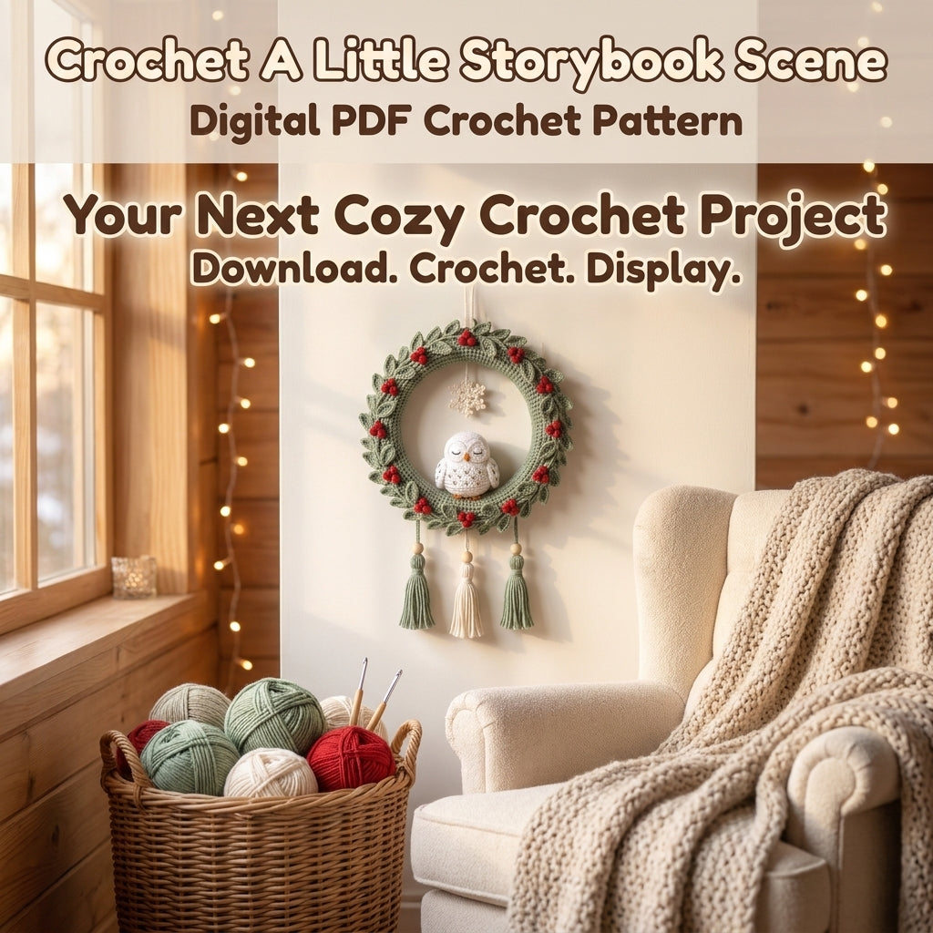 Crochet Wreath Wall Hanging Pattern – Sleeping Snowy Owl with Holly Berries