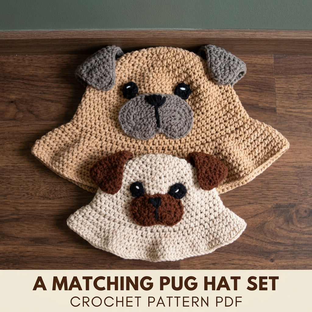 Pug Bucket Hat Crochet Pattern PDF – Matching Adult and Child Dog Face Hats