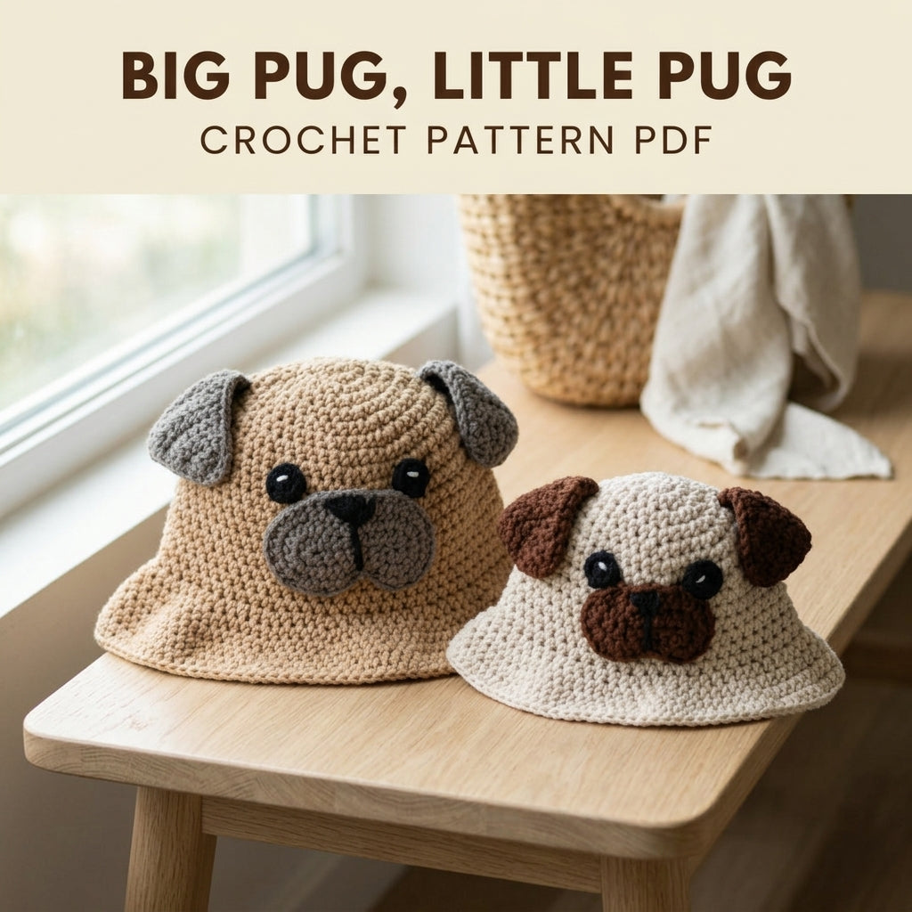 Pug Bucket Hat Crochet Pattern PDF – Matching Adult and Child Dog Face Hats