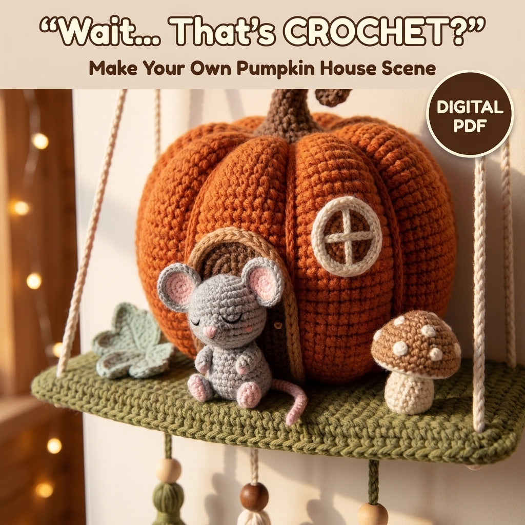 Crochet Pumpkin House Wall Hanging Pattern – Sleeping Mouse on a Mossy Shelf