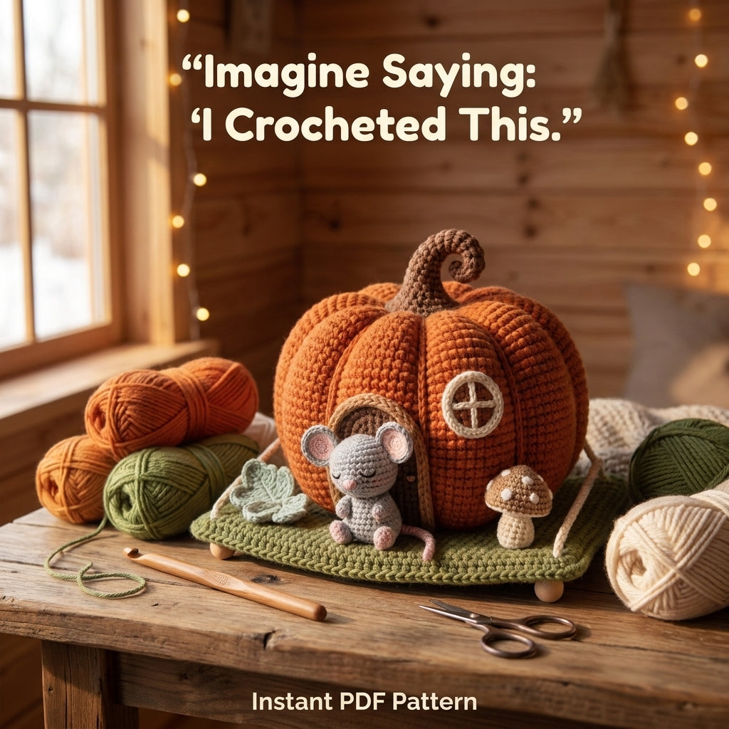 Crochet Pumpkin House Wall Hanging Pattern – Sleeping Mouse on a Mossy Shelf