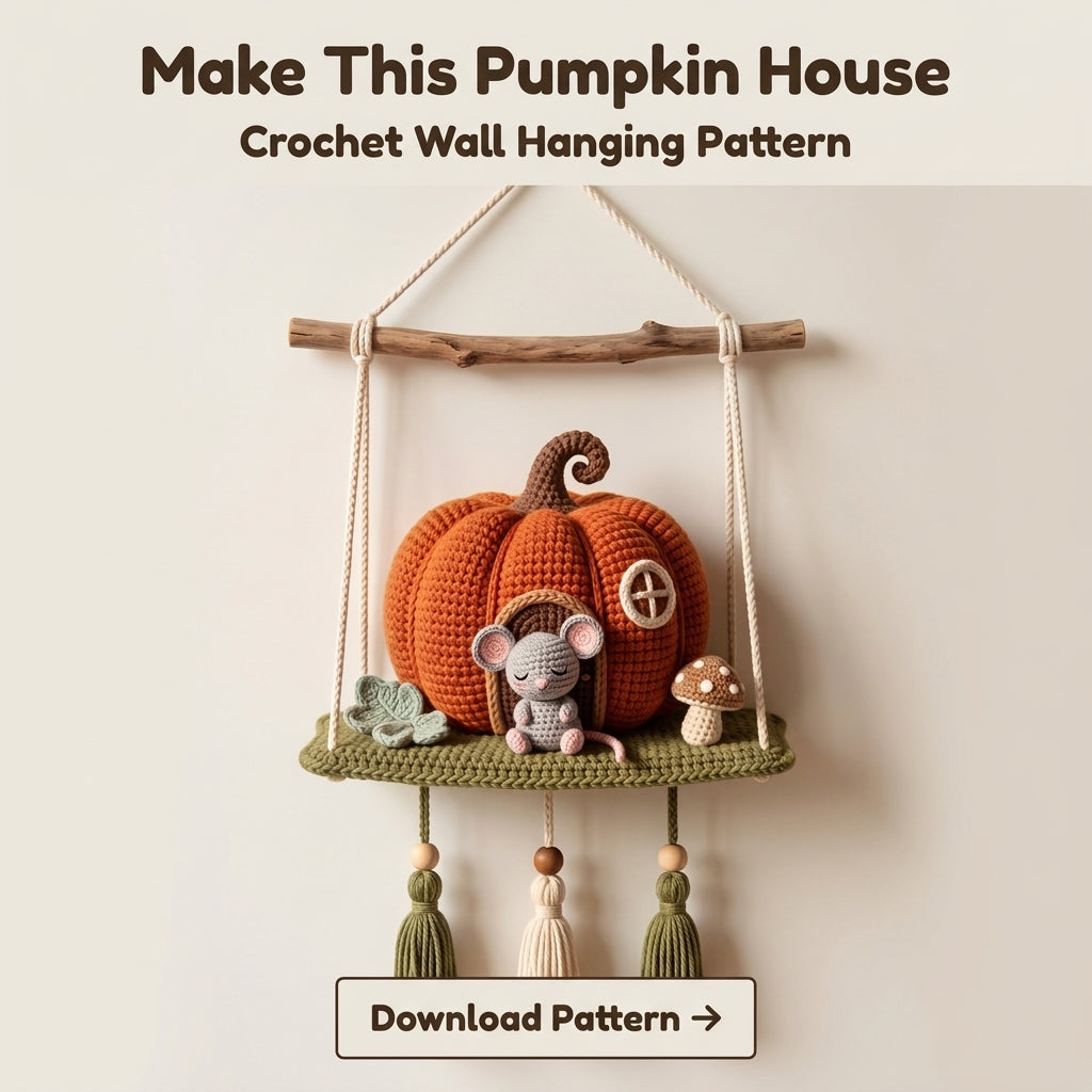 Crochet Pumpkin House Wall Hanging Pattern – Sleeping Mouse on a Mossy Shelf