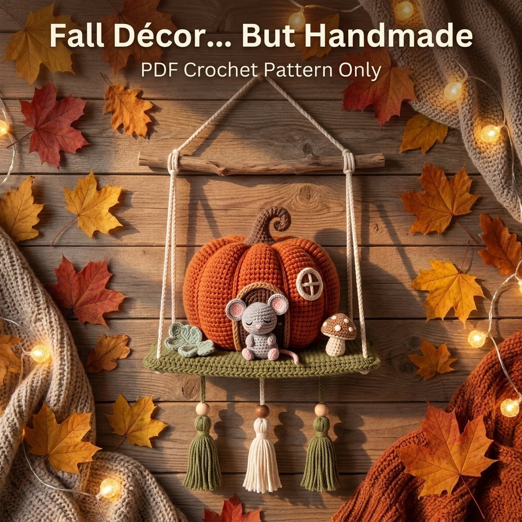 Crochet Pumpkin House Wall Hanging Pattern – Sleeping Mouse on a Mossy Shelf