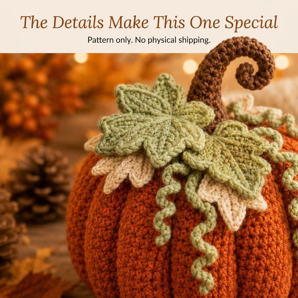 Crochet Pumpkin Pattern — Large Ribbed Amigurumi Pumpkin with Maple Leaves and Curled Tendrils, US Terms, PDF Download