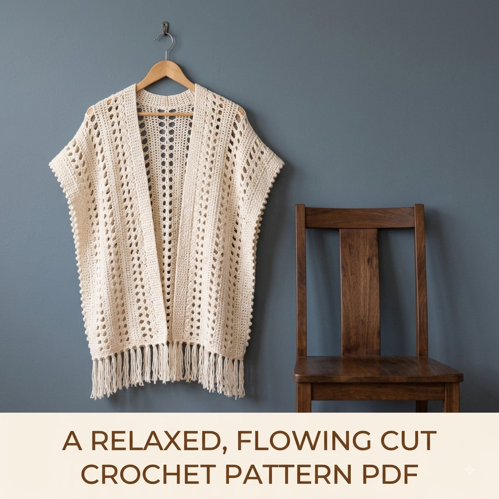 Lace Ruana Wrap Crochet Pattern PDF – Open Front Lace Wrap with Fringe