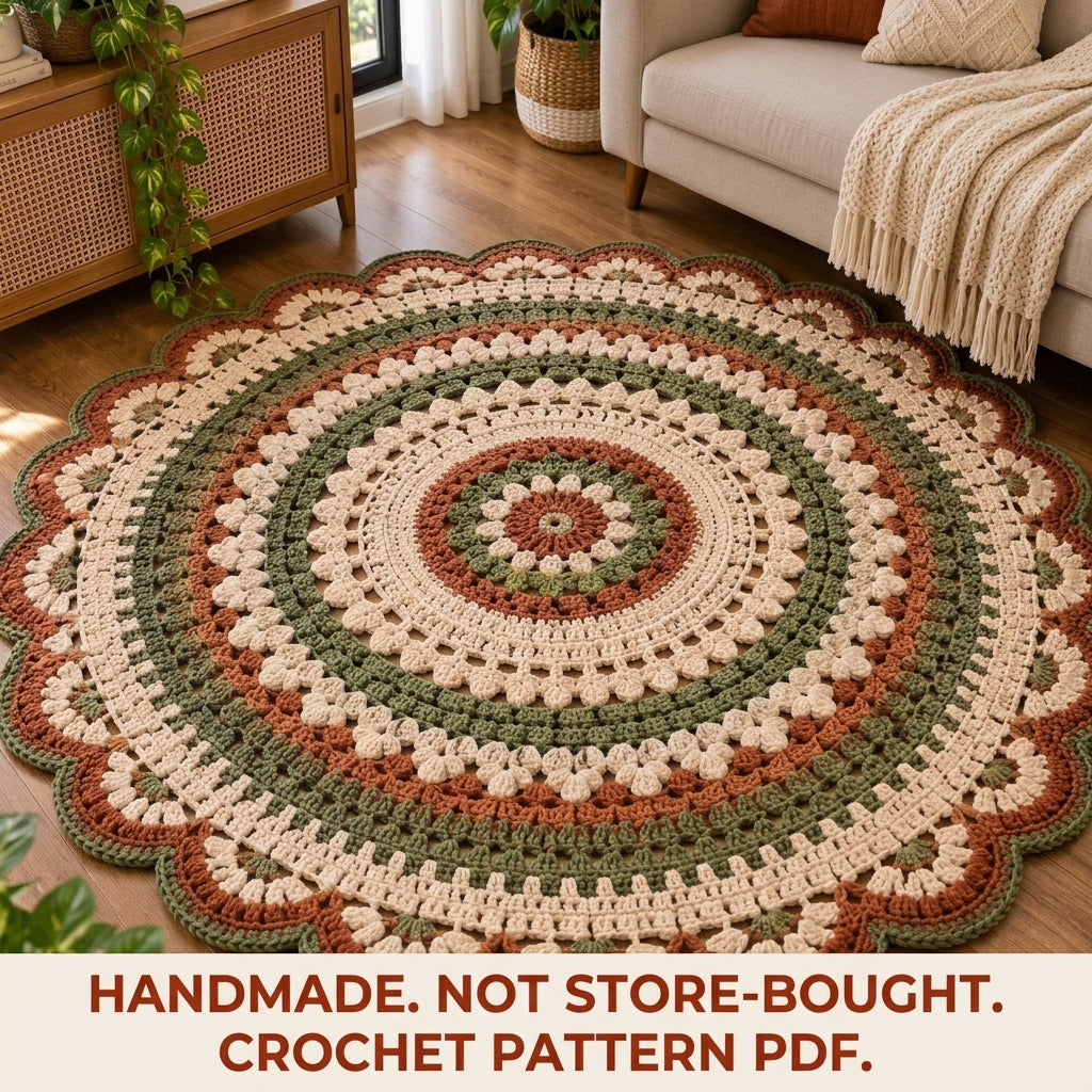 Terracotta Sage Mandala Rug Crochet Pattern PDF – Boho Round Rug