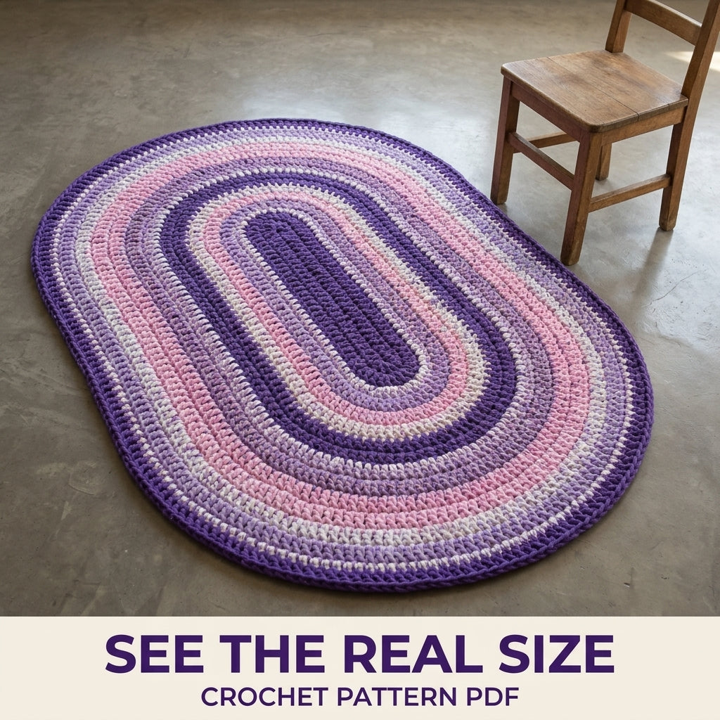 Lilac Oval Stripe Rug Crochet Pattern PDF – Purple T-Shirt Yarn Rug