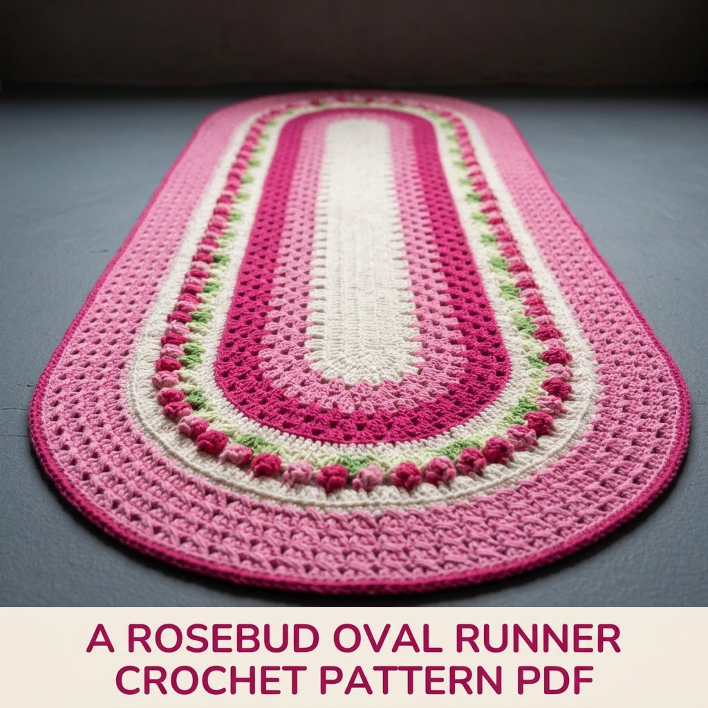 Rosebud Oval Granny Runner Crochet Pattern PDF – Oval Table Runner or Rug