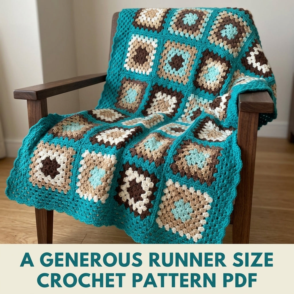 Teal Granny Bed Runner Set Crochet Pattern PDF – Bed Runner and Two Cushions