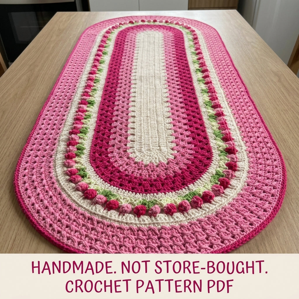 Rosebud Oval Granny Runner Crochet Pattern PDF – Oval Table Runner or Rug