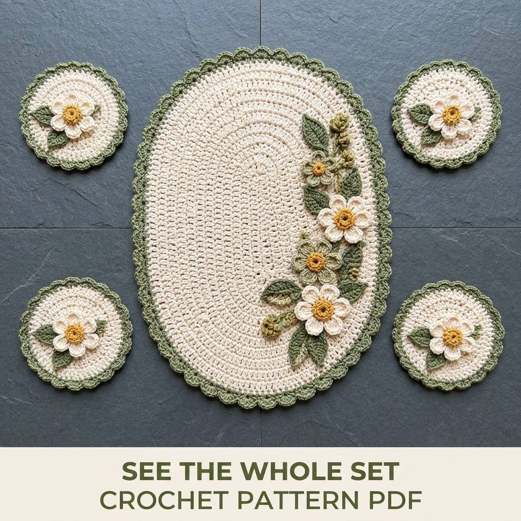 Daisy Placemat and Coaster Set Crochet Pattern PDF – Table Mat with 3D Flowers