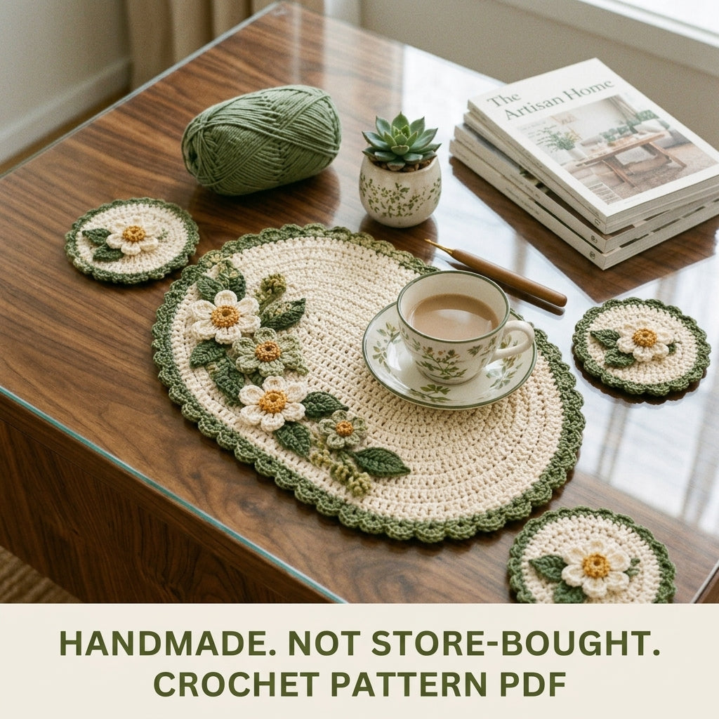 Daisy Placemat and Coaster Set Crochet Pattern PDF – Table Mat with 3D Flowers