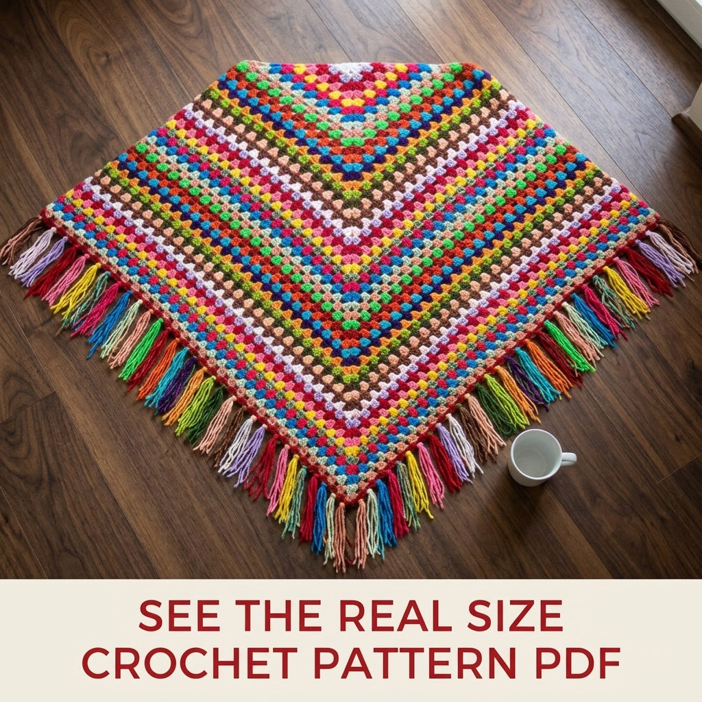 Rainbow Granny Triangle Shawl Crochet Pattern PDF – Scrap Yarn Shawl with Fringe