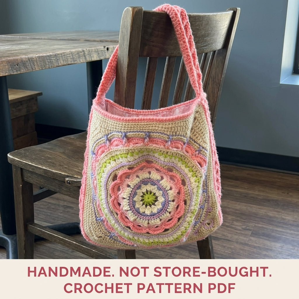 Mandala Lined Shoulder Bag Crochet Pattern PDF – Pastel Mandala Purse with Lining