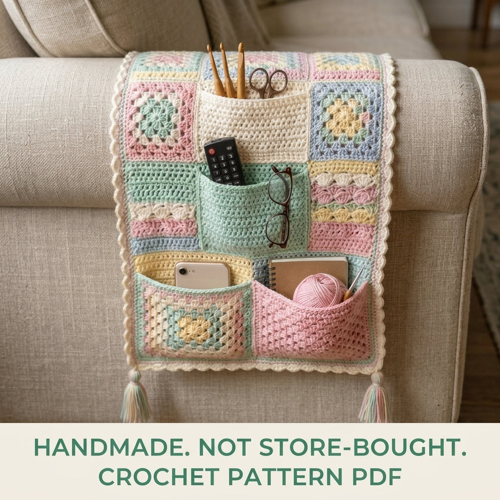 Pastel Granny Sofa Arm Organizer Crochet Pattern PDF – Armrest Caddy