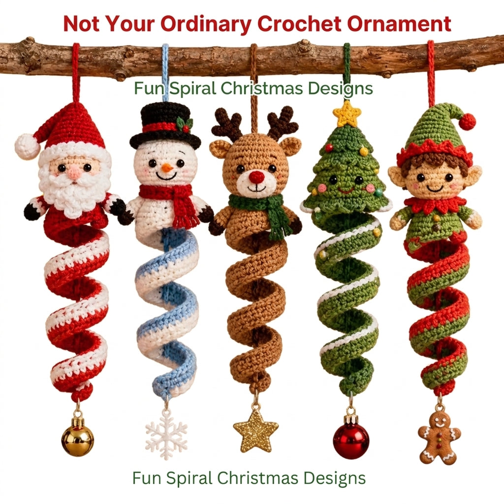 Christmas Spiral Ornament Crochet Pattern | Set of 5 Hanging Decorations | Santa, Snowman, Reindeer, Tree & Elf | PDF Instant Download