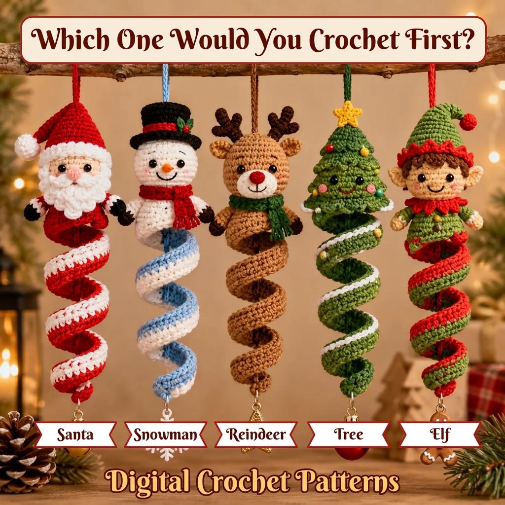 Christmas Spiral Ornament Crochet Pattern | Set of 5 Hanging Decorations | Santa, Snowman, Reindeer, Tree & Elf | PDF Instant Download