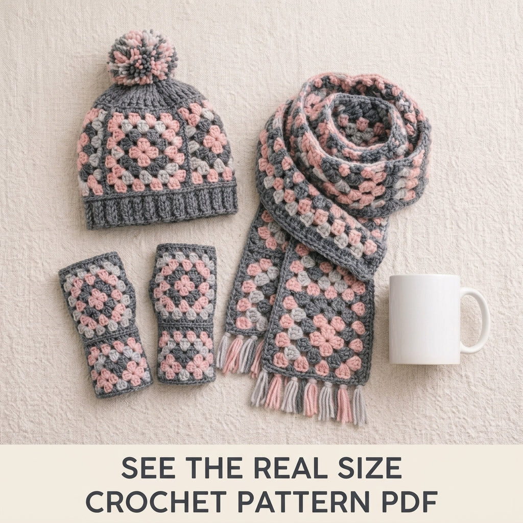 Granny Square Winter Set Crochet Pattern PDF – Beanie, Fingerless Gloves and Scarf