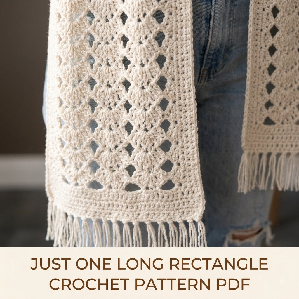 Lace Stole Wrap Crochet Pattern PDF – Long Diamond Lace Scarf Shawl with Fringe