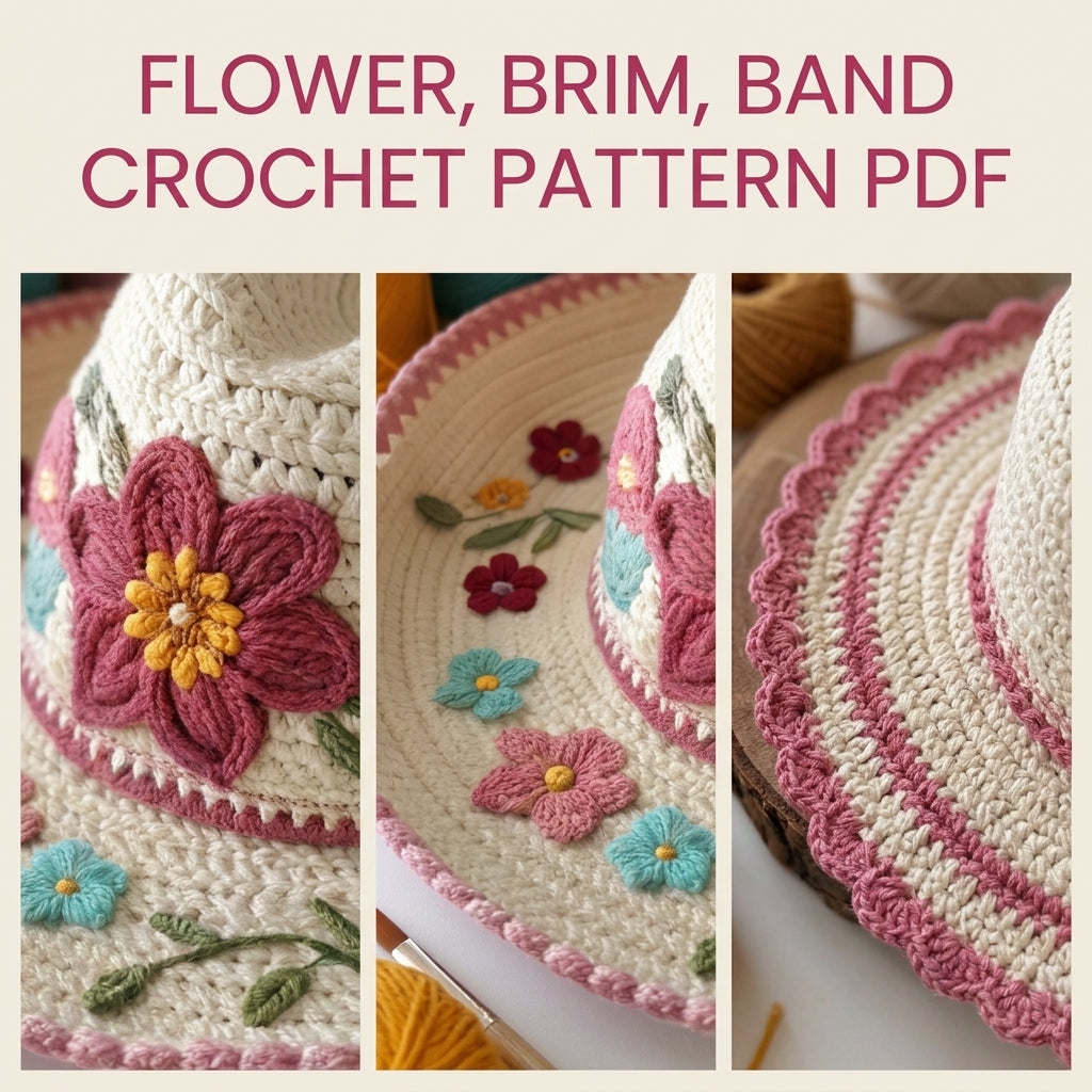 Embroidered Flower Sun Hat Crochet Pattern PDF – Wide Brim Hat with Embroidered Flowers