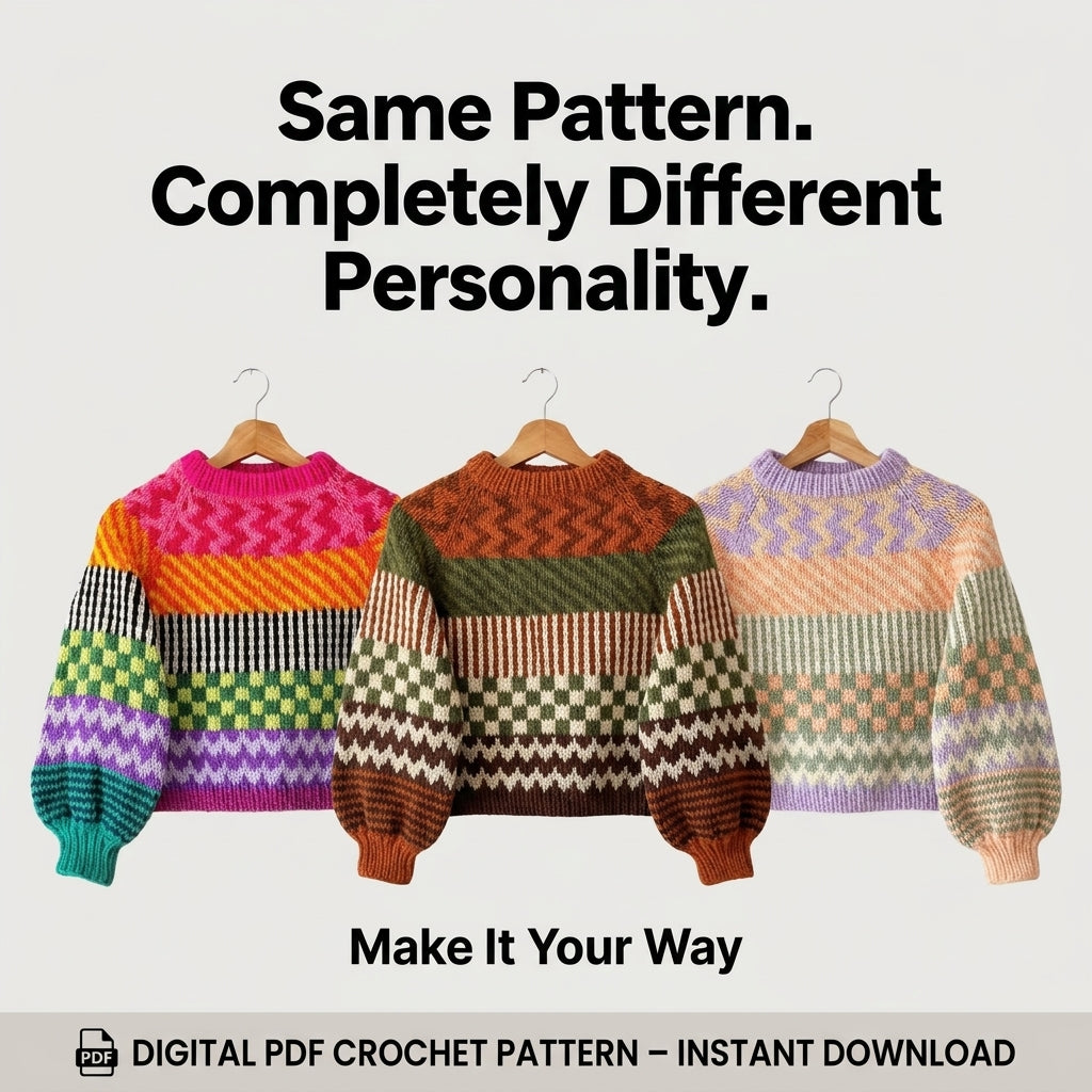 Colourwork Sweater KNITTING Pattern | Multi-Motif Striped Jumper with Balloon Sleeves | Stranded Colourwork | PDF Instant Download