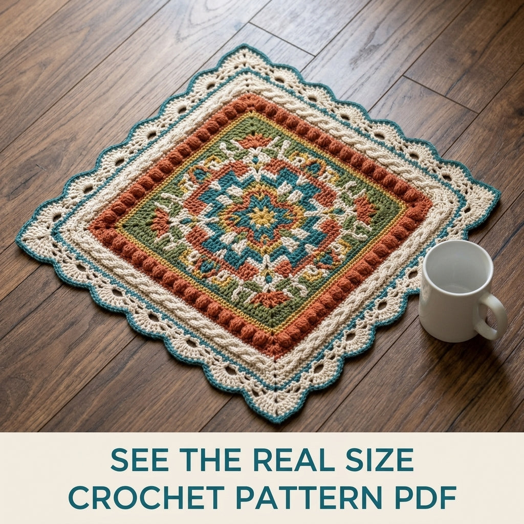Folk Mandala Square Table Mat Crochet Pattern PDF – Textured Centrepiece