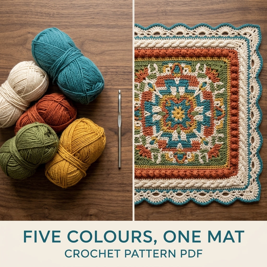 Folk Mandala Square Table Mat Crochet Pattern PDF – Textured Centrepiece