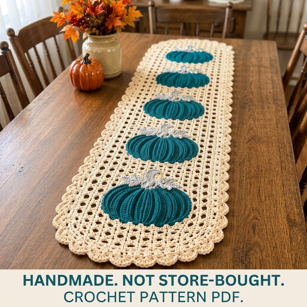 Teal Pumpkin Lace Table Runner Crochet Pattern PDF – Modern Fall Runner
