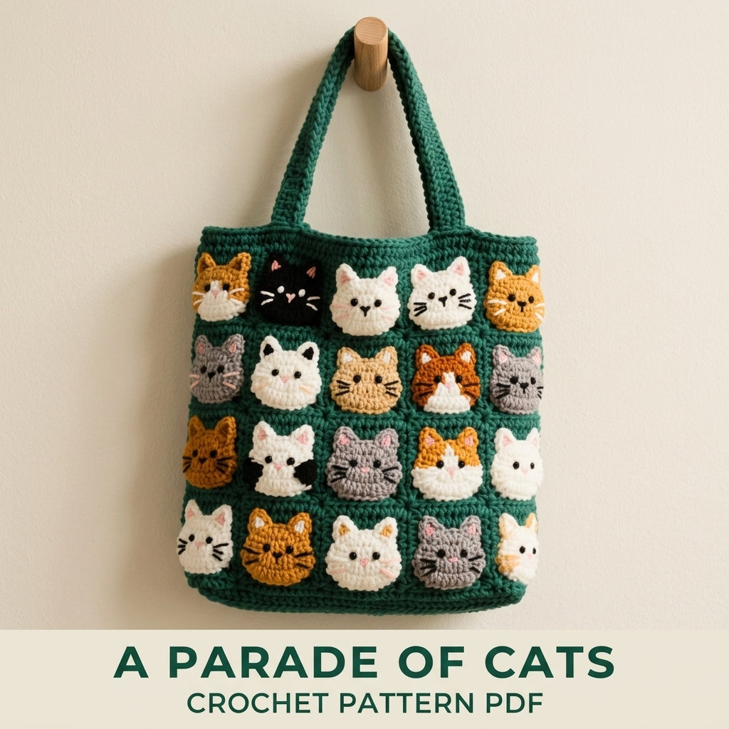 Cat Parade Tote Bag Crochet Pattern PDF – Cute Cat Face Appliqué Shoulder Bag