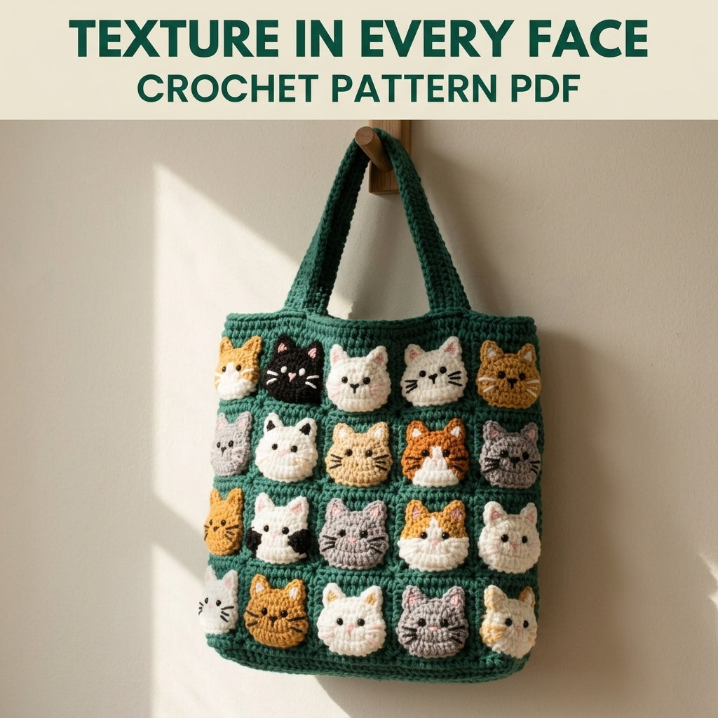 Cat Parade Tote Bag Crochet Pattern PDF – Cute Cat Face Appliqué Shoulder Bag