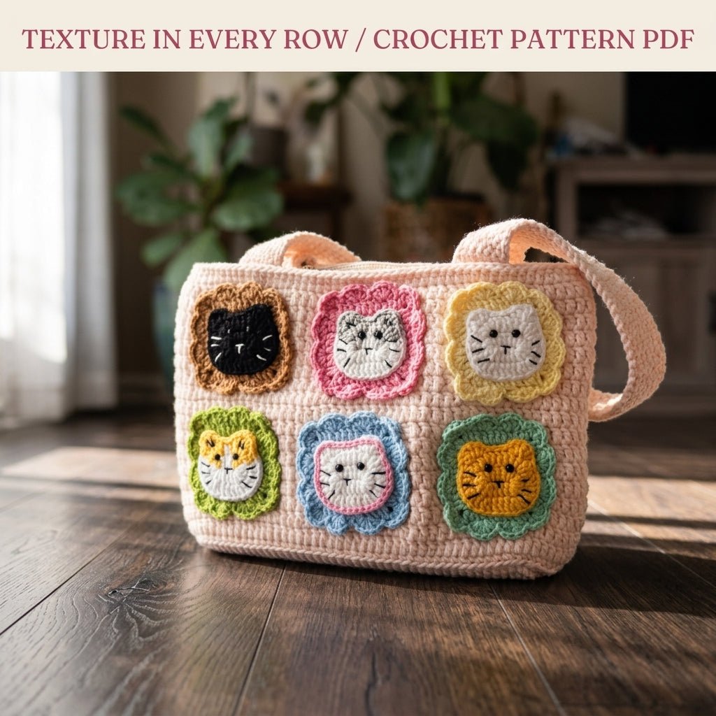 Kitty Patch Tote Bag Crochet Pattern PDF – Cat Face Shoulder Bag with Flower Frames