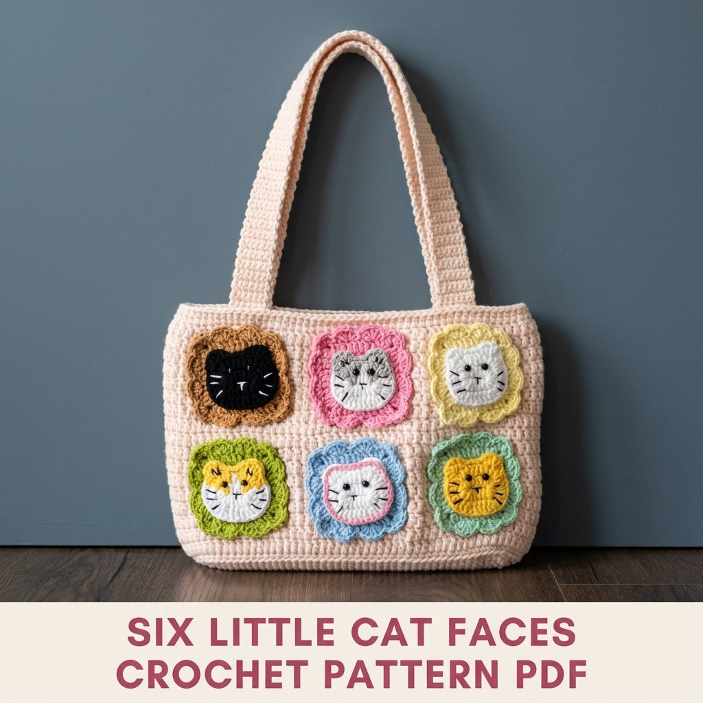 Kitty Patch Tote Bag Crochet Pattern PDF – Cat Face Shoulder Bag with Flower Frames
