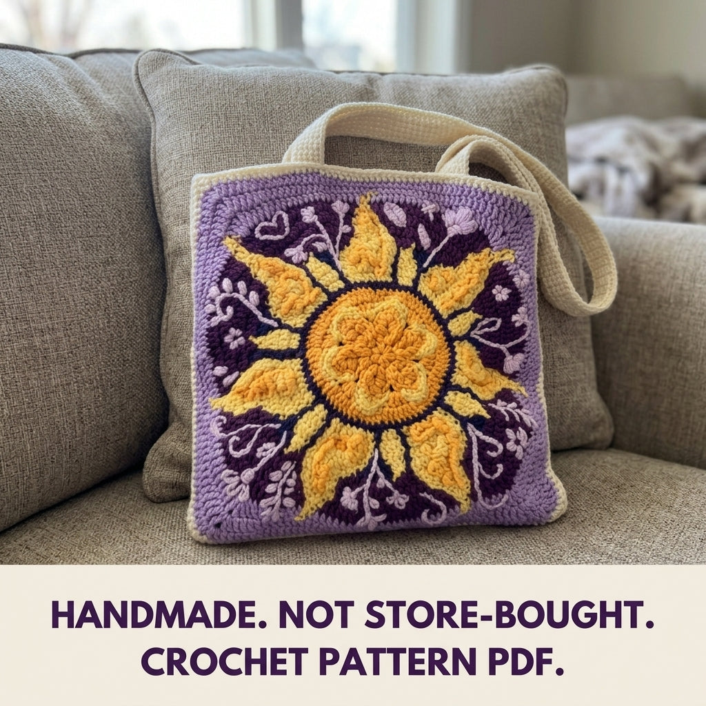 Sun Medallion Tote Crochet Pattern PDF – Square Bag with Raised Sun Motif and Embroidery