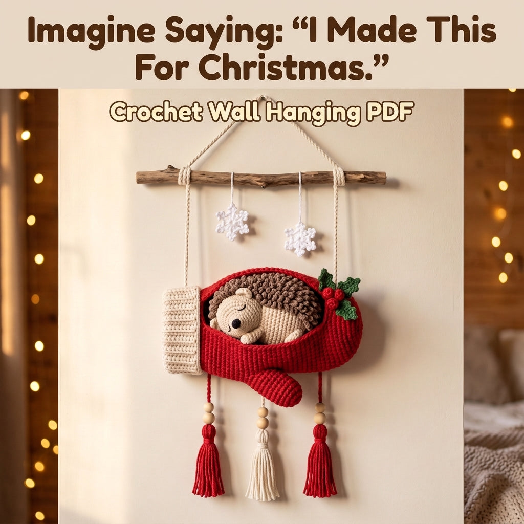 Crochet Mitten Wall Hanging Pattern – Sleeping Hedgehog in a Cozy Red Mitten