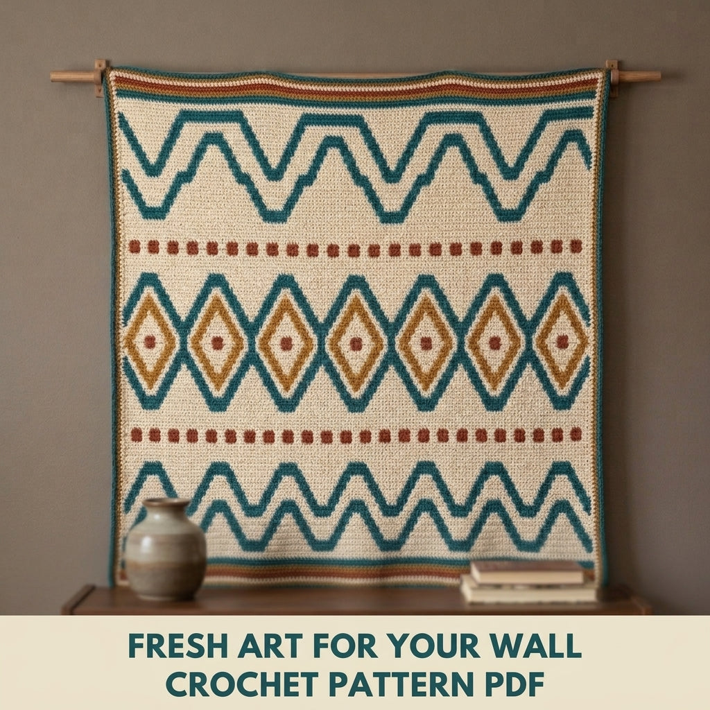 Lozenge Tapestry Crochet Wall Hanging Pattern PDF – Waves and Diamonds in Teal, Mustard and Rust