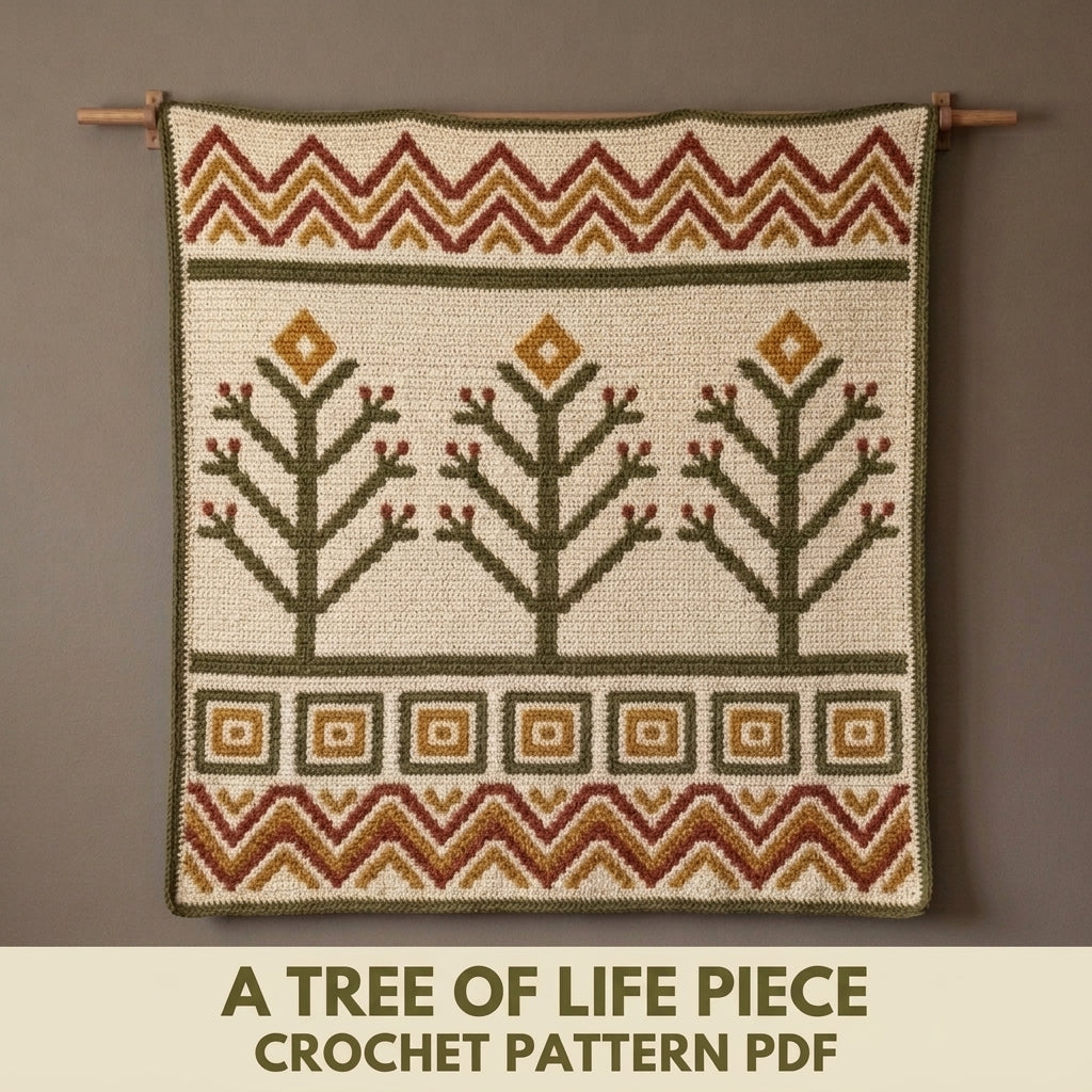 Tree of Life Tapestry Crochet Wall Hanging Pattern PDF – Trees and Chevrons in Olive, Rust and Mustard